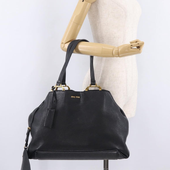 Miu Miu Tote Bag Leather Black Gold Auth ka6883V