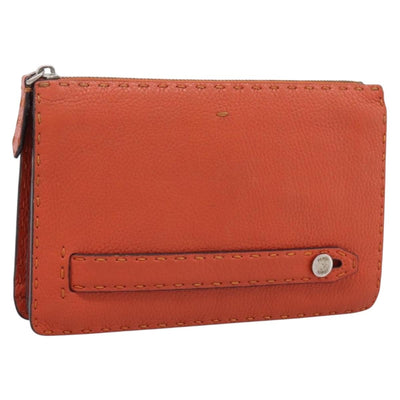 FENDI Celeria Clutch Bag Leather Orange Silver Auth ka6886