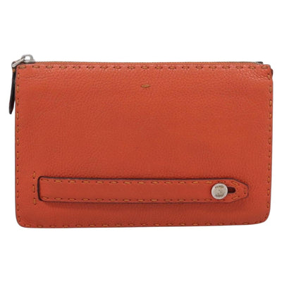 FENDI Celeria Clutch Bag Leather Orange Silver Auth ka6886 - 0