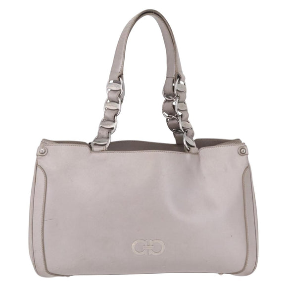Salvatore Ferragamo Gancini Tote Bag Leather Beige Silver Auth ka6889