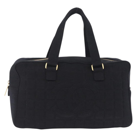 CHANEL Choco Bar Hand Bag Cotton Black Gold CC Auth ka6894