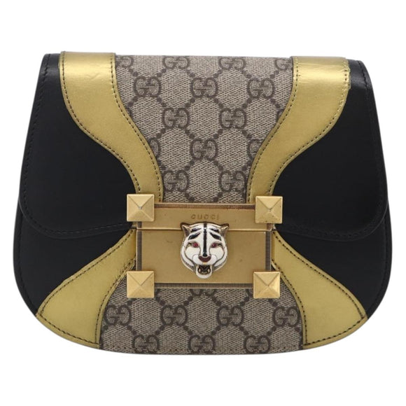 GUCCI GG Supreme Ojiride Bag Leather PVC Leather Beige Black 500781 Auth ka6900A