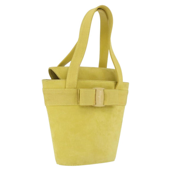 Salvatore Ferragamo Vara Ribbon Hand Bag Suede Yellow Silver Auth ka6920