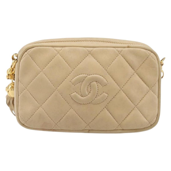 CHANEL Matelasse Chain Shoulder Bag Lamb Skin Beige Gold CC Auth ka6924A