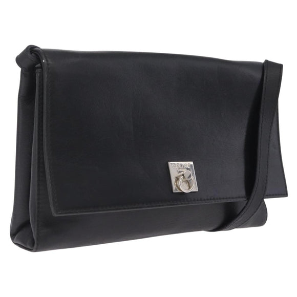 CELINE Shoulder Bag Leather Black Silver Auth ka6958
