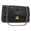 CHANEL Matelasse 25 Double Flap Chain Bag Lamb Skin Black Gold CC Auth ka695SV-1