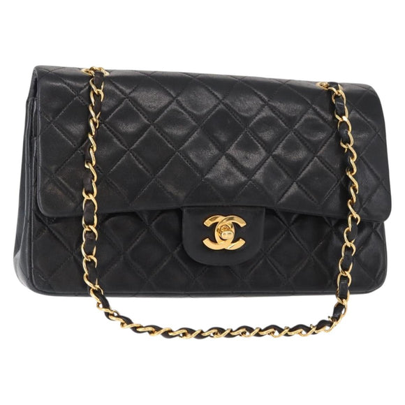 CHANEL Matelasse 25 Double Flap Chain Bag Lamb Skin Black Gold CC Auth ka695SV