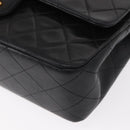 CHANEL Matelasse 25 Double Flap Chain Bag Lamb Skin Black Gold CC Auth ka695SV-16