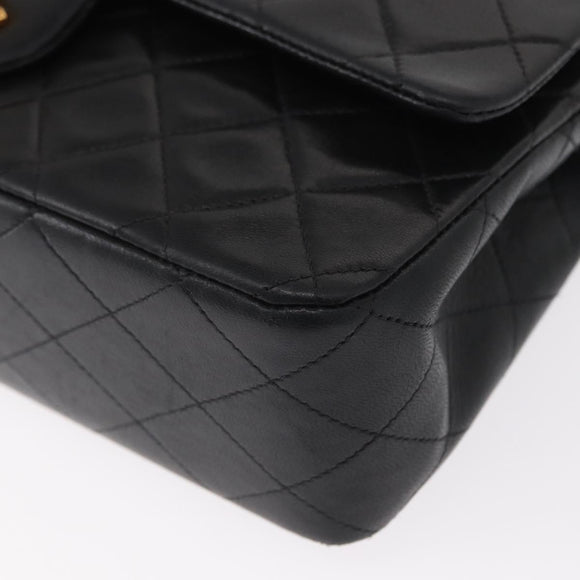 CHANEL Matelasse 25 Double Flap Chain Bag Lamb Skin Black Gold CC Auth ka695SV