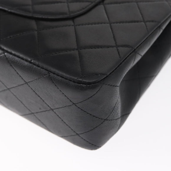 CHANEL Matelasse 25 Double Flap Chain Bag Lamb Skin Black Gold CC Auth ka695SV