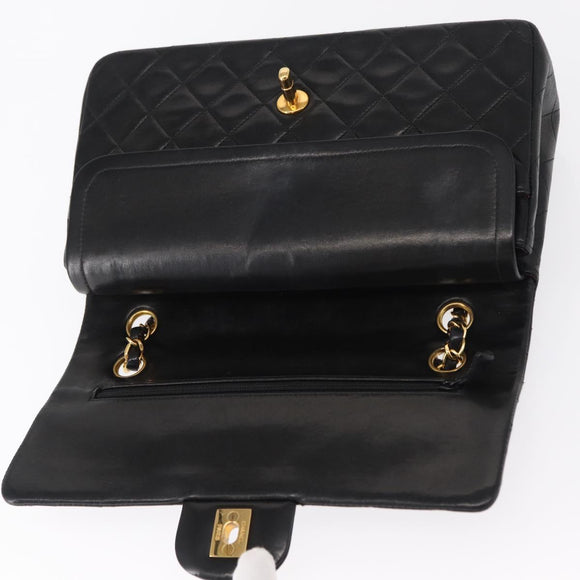 CHANEL Matelasse 25 Double Flap Chain Bag Lamb Skin Black Gold CC Auth ka695SV