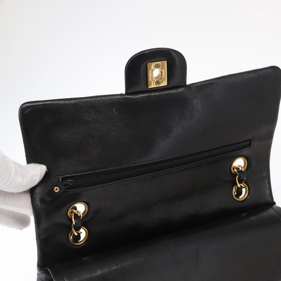 CHANEL Matelasse 25 Double Flap Chain Bag Lamb Skin Black Gold CC Auth ka695SV