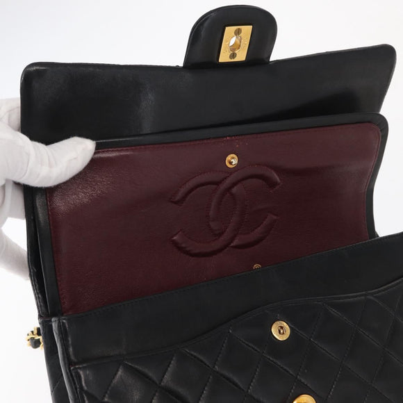 CHANEL Matelasse 25 Double Flap Chain Bag Lamb Skin Black Gold CC Auth ka695SV