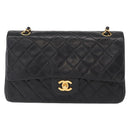 CHANEL Matelasse 25 Double Flap Chain Bag Lamb Skin Black Gold CC Auth ka695SV-13