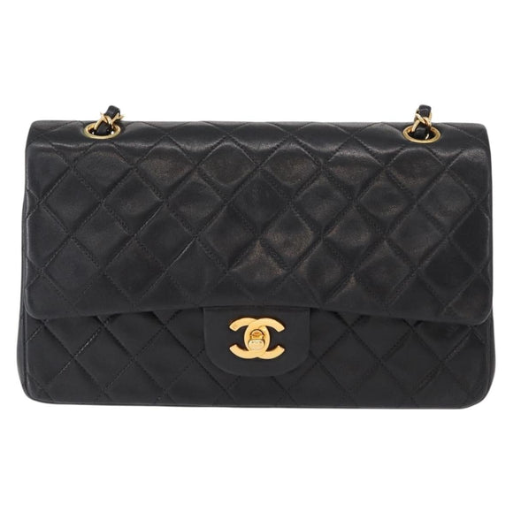 CHANEL Matelasse 25 Double Flap Chain Bag Lamb Skin Black Gold CC Auth ka695SV