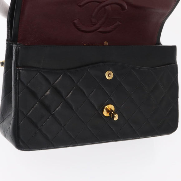 CHANEL Matelasse 25 Double Flap Chain Bag Lamb Skin Black Gold CC Auth ka695SV