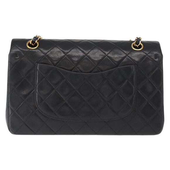 CHANEL Matelasse 25 Double Flap Chain Bag Lamb Skin Black Gold CC Auth ka695SV