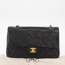 CHANEL Matelasse 25 Double Flap Chain Bag Lamb Skin Black Gold CC Auth ka695SV-12