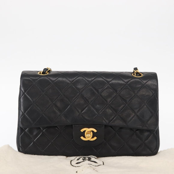 CHANEL Matelasse 25 Double Flap Chain Bag Lamb Skin Black Gold CC Auth ka695SV