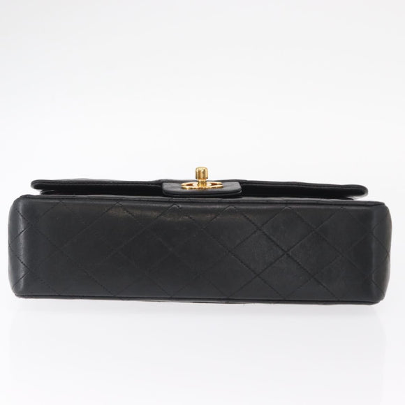 CHANEL Matelasse 25 Double Flap Chain Bag Lamb Skin Black Gold CC Auth ka695SV