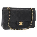 CHANEL Matelasse 25 Double Flap Chain Bag Lamb Skin Black Gold CC Auth ka696SV-1