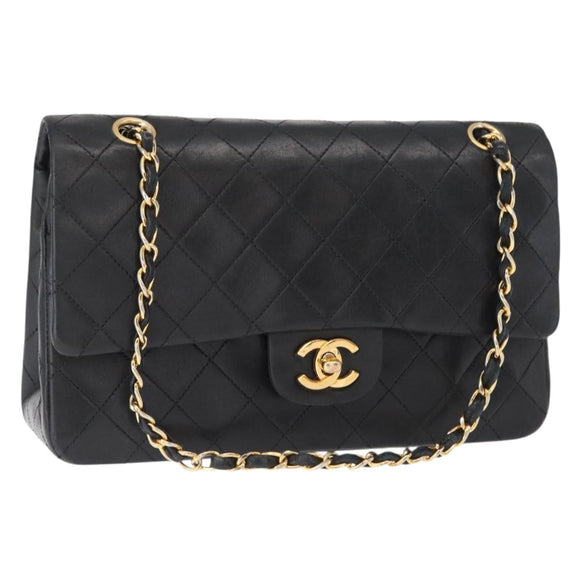 CHANEL Matelasse 25 Double Flap Chain Bag Lamb Skin Black Gold CC Auth ka696SV