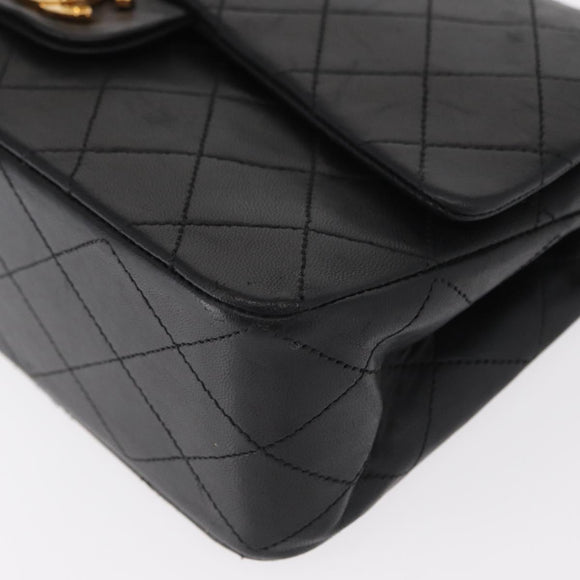 CHANEL Matelasse 25 Double Flap Chain Bag Lamb Skin Black Gold CC Auth ka696SV