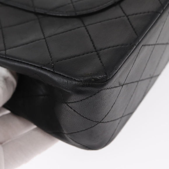 CHANEL Matelasse 25 Double Flap Chain Bag Lamb Skin Black Gold CC Auth ka696SV