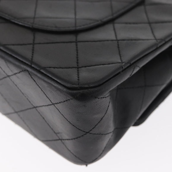 CHANEL Matelasse 25 Double Flap Chain Bag Lamb Skin Black Gold CC Auth ka696SV