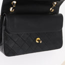 CHANEL Matelasse 25 Double Flap Chain Bag Lamb Skin Black Gold CC Auth ka696SV-17