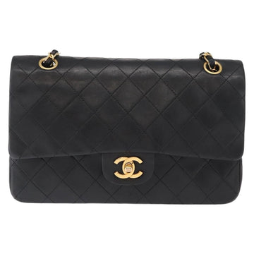 CHANEL Matelasse 25 Double Flap Chain Bag Lamb Skin Black Gold CC Auth ka696SV - 0