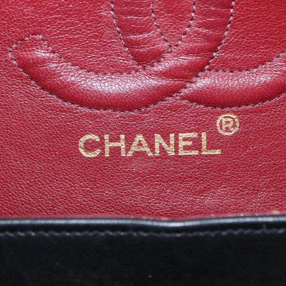 CHANEL Matelasse 25 Double Flap Chain Bag Lamb Skin Black Gold CC Auth ka696SV