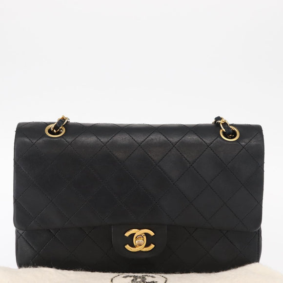 CHANEL Matelasse 25 Double Flap Chain Bag Lamb Skin Black Gold CC Auth ka696SV