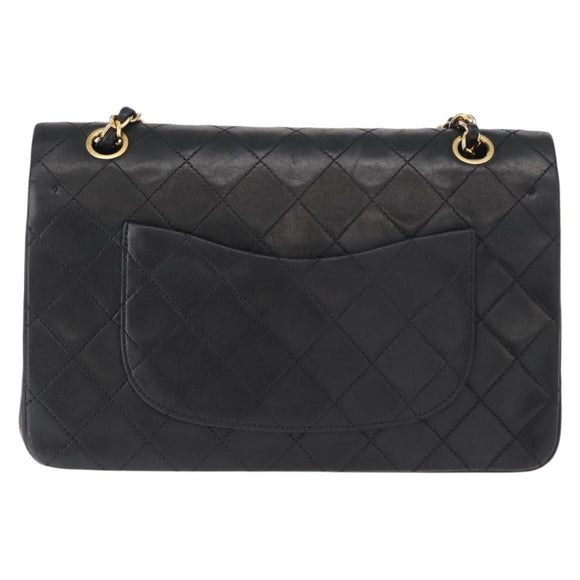 CHANEL Matelasse 25 Double Flap Chain Bag Lamb Skin Black Gold CC Auth ka696SV