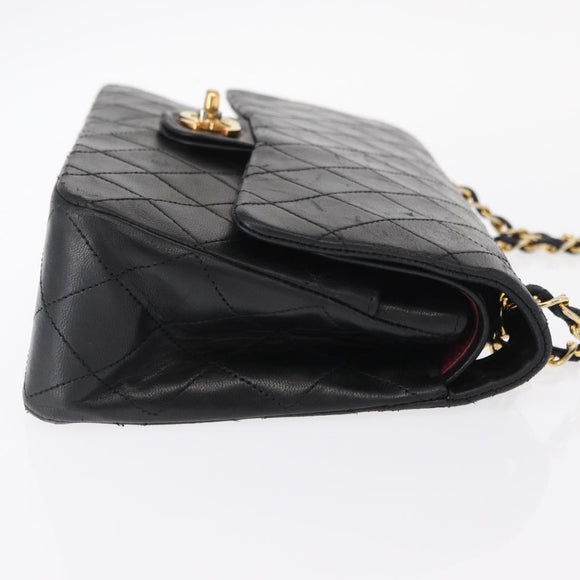 CHANEL Matelasse 25 Double Flap Chain Bag Lamb Skin Black Gold CC Auth ka696SV