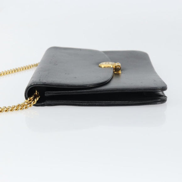 Christian Dior Chain Shoulder Bag Leather Black Gold Auth ka698