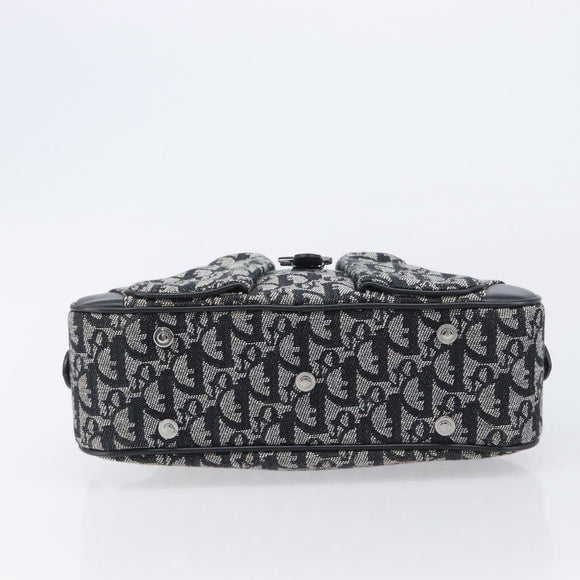 Christian Dior Trotter Canvas Double Saddle Hand Bag Black Silver Auth ka6987V