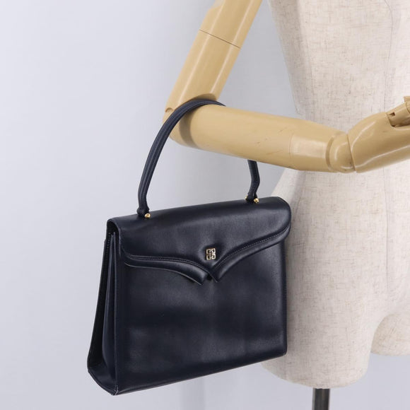 GIVENCHY Hand Bag Leather Navy Gold Auth ka7006