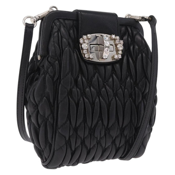 Miu Miu Matelasse Shoulder Bag Leather Black Silver Auth ka7035M