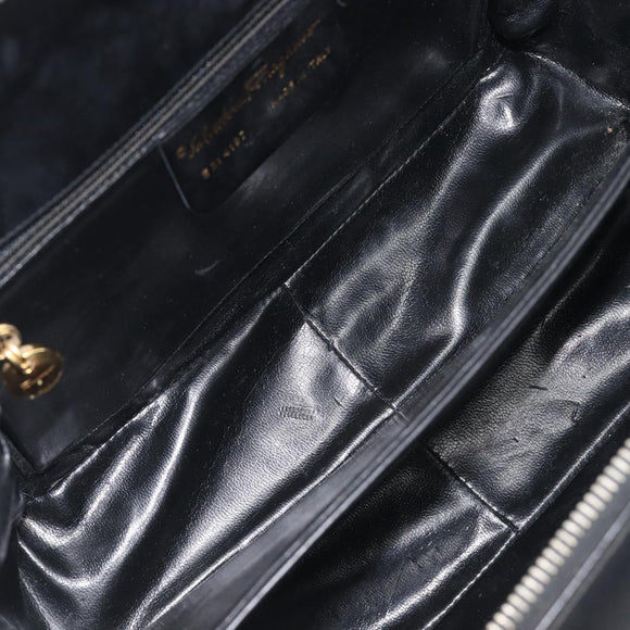 Salvatore Ferragamo Gancini Hand Bag Leather Black Gold Auth ka7039