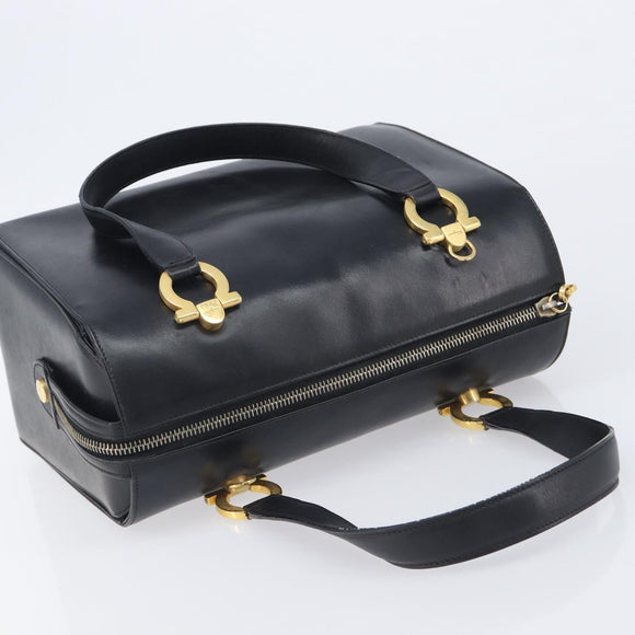 Salvatore Ferragamo Gancini Hand Bag Leather Black Gold Auth ka7039