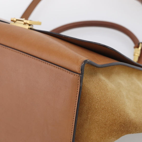 CELINE Trapeze Hand Bag Suede Leather 2way Beige Gold Auth ka7040
