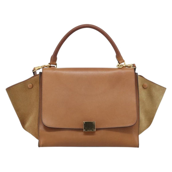 CELINE Trapeze Hand Bag Suede Leather 2way Beige Gold Auth ka7040