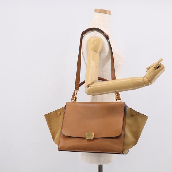 CELINE Trapeze Hand Bag Suede Leather 2way Beige Gold Auth ka7040