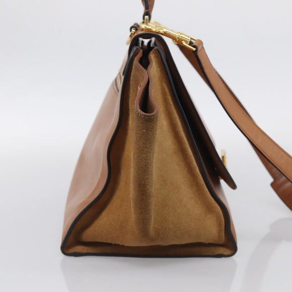 CELINE Trapeze Hand Bag Suede Leather 2way Beige Gold Auth ka7040