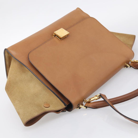 CELINE Trapeze Hand Bag Suede Leather 2way Beige Gold Auth ka7040