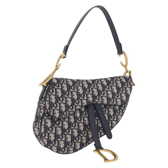 Christian Dior Trotter Canvas Saddle Hand Bag Navy Gold Auth ka7046SAV