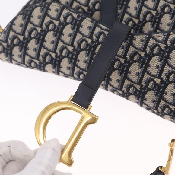 Christian Dior Trotter Canvas Saddle Hand Bag Navy Gold Auth ka7046SAV