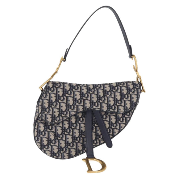 Christian Dior Trotter Canvas Saddle Hand Bag Navy Gold Auth ka7046SAV