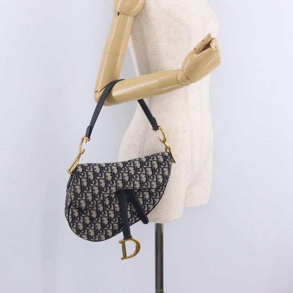 Christian Dior Trotter Canvas Saddle Hand Bag Navy Gold Auth ka7046SAV